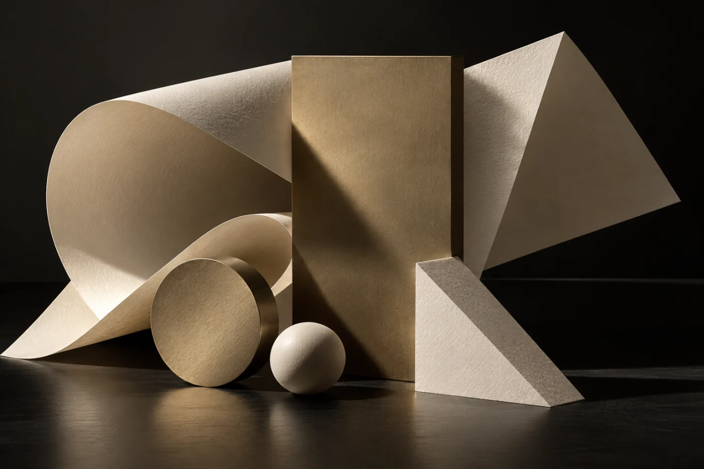 Conceptual still life of folded paper and a taupe metal slab