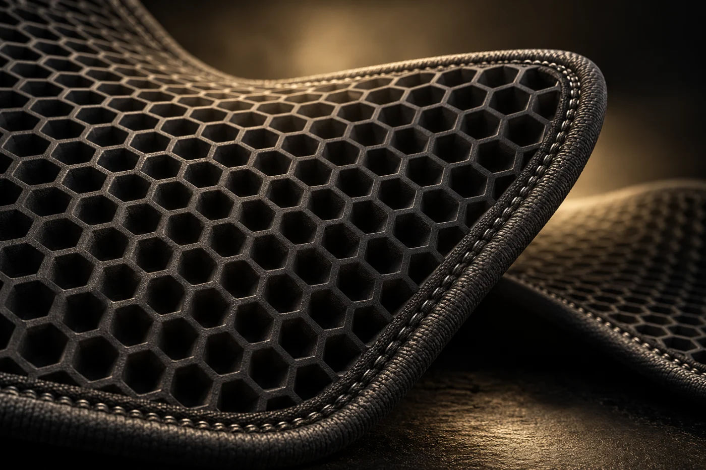 Conceptual close-up of black EVA honeycomb material with a stitched edge