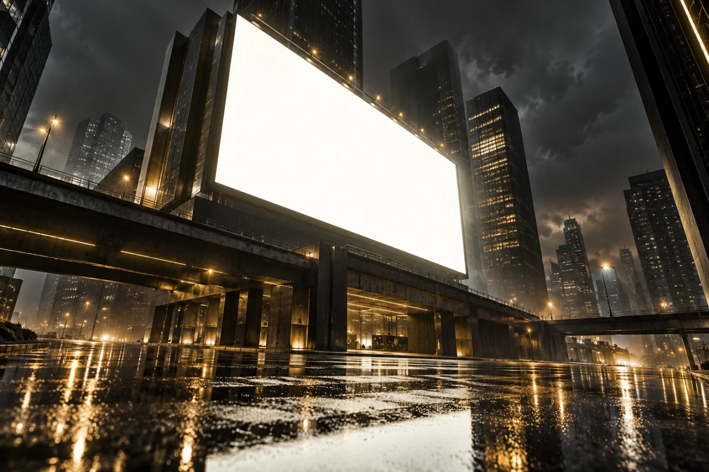 Conceptual artwork of an illuminated blank billboard in a dark city