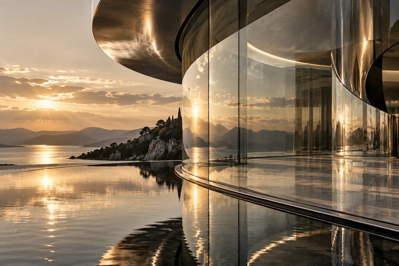 Conceptual artwork of pristine curved glass and reflective architecture